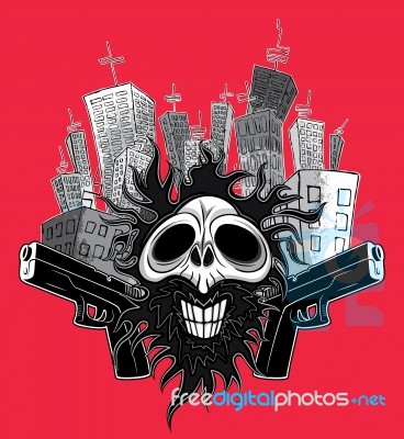 Smiling Skull Gangster Guns And Skycrapers Background Stock Image