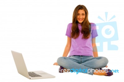 Smiling Teenage Girl With Laptop Stock Photo