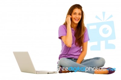 Smiling Teenage Girl With Laptop Stock Photo