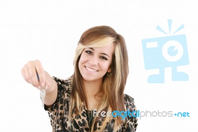 Smiling Woman Gives Over House Key Stock Photo