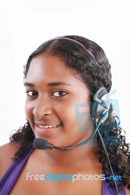 Smiling Woman Wearing Headset Stock Photo