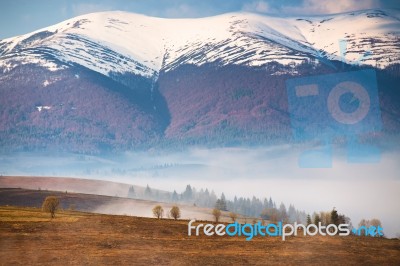 Snow Caped Mountains. Morning Fog In Valley. Misty Hills Stock Photo