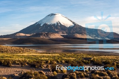 Snow Capped Parinacota Volcano Reflected In Lake Chungara, Chile… Stock Photo