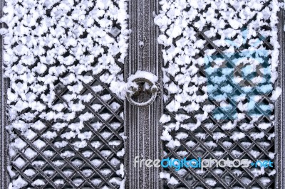 Snow Covered Antique Door Stock Photo