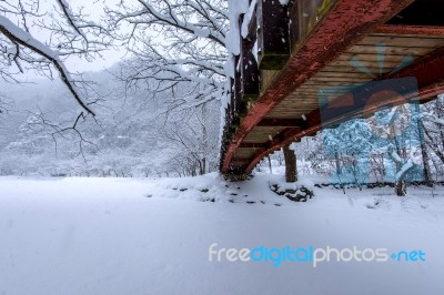 Snow Falling In Park And A Walking Bridge In Winter, Winter Landscape Stock Photo