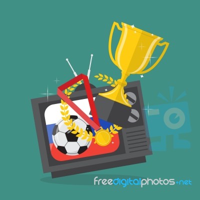 Soccer Ball And Awards On Television With Russia Flag Background… Stock Image