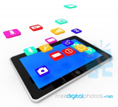 Social Media Tablet Indicates Application Software And Communication Stock Image