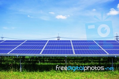 Solar Panels On Grass With Sky Stock Photo