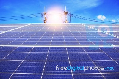 Solar Panels With The Sky Stock Photo