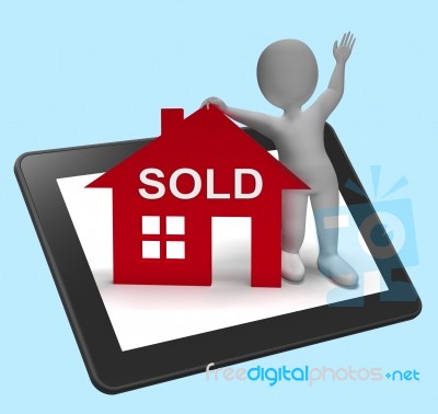 Sold House Tablet Means Successful Offer On Real Estate Stock Image