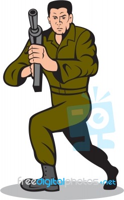Soldier Aiming Sub-machine Gun Cartoon Stock Image