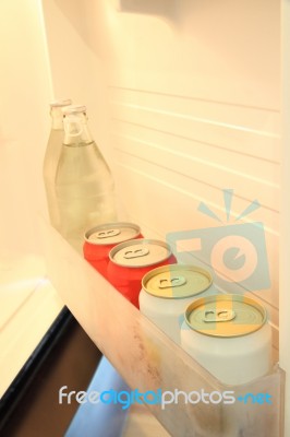 Some Beverage In Door Shelf Of Refrigerator Stock Photo