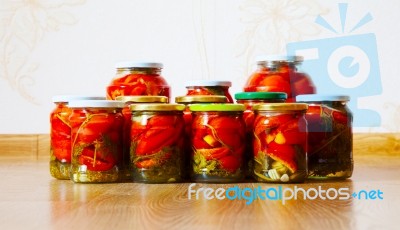 Some Glass Jars With Marinated Tomatoes Homemade Stock Photo