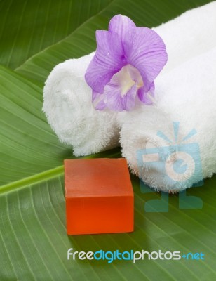 Spa With Orchid On Banana Leaf Stock Photo
