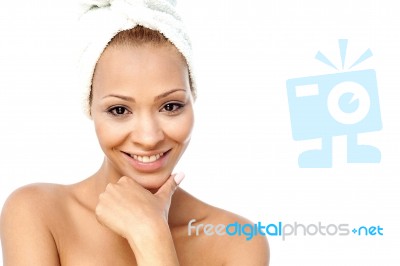 Spa Woman With Towel Wrapped On Her Head Stock Photo