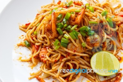 Spaghetti Tom Yum Kung Stock Photo