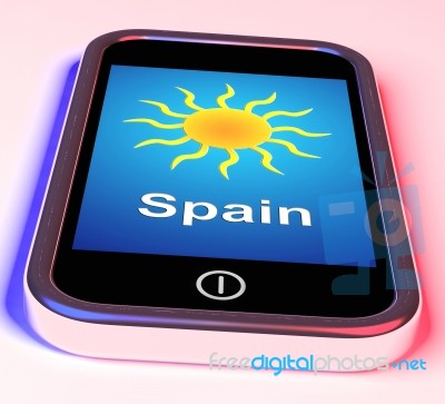 Spain On Phone Means Holidays And Sunny Weather Stock Image