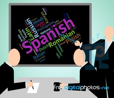 Spanish Language Shows Vocabulary Translator And Wordcloud Stock Image