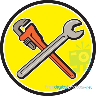 Spanner Monkey Wrench Crossed Circle Cartoon Stock Image