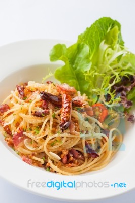 Spicy Pasta With Dried Chili And Bacon Stock Photo