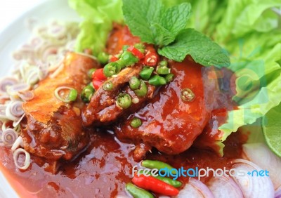 Spicy Sardines In Tomato Sauce Canned Fish ,yum Thai Food Style Stock Photo