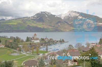 Spiez Town With Castle On Lake Thun Stock Photo