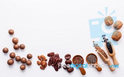 Spoon Of Various Legumes And Different Kinds Of Nuts Walnuts Ker… Stock Photo