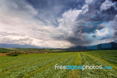 Spring Rain And Storm In Mountains. Green Spring Hills Of Slovak… Stock Photo