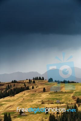 Spring Rain In Mountains. Thunder And Clouds Stock Photo