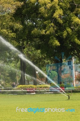 Sprinkler Was In The Lawn Water Injection Stock Photo