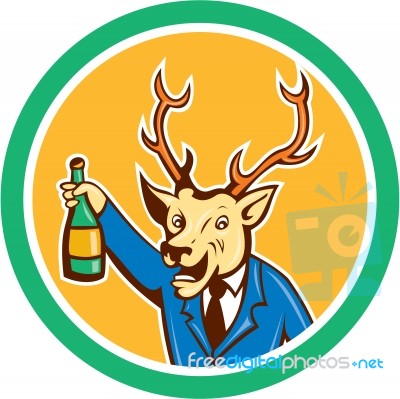 Stag Deer Holding Wine Bottle Circle Cartoon Stock Image