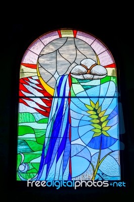 Stained Glass Window Church Of The Holy Sprit In Los Gigantes Te… Stock Photo
