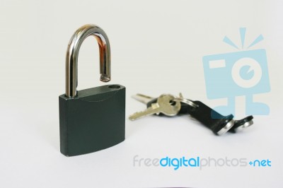 Standing Lock With A Bunch Of Keys On A White Background Stock Photo