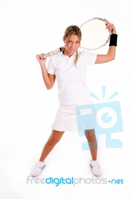 Standing Tennis Player With Racket Stock Photo
