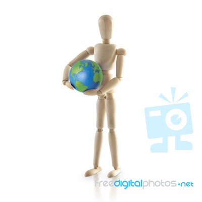 Standing Wood Model Carry The World Stock Photo