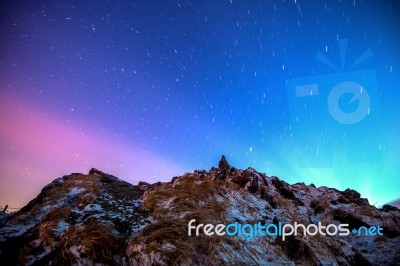 Star Trails Over The Winter Mountains Landscape.deogyusan Mountains In Korea Stock Photo