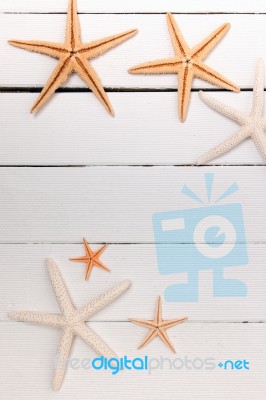 Starfish On White Wood Stock Photo
