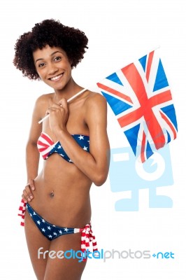 Stars And Stripes Bikini Model Holding Uk Flag Stock Photo