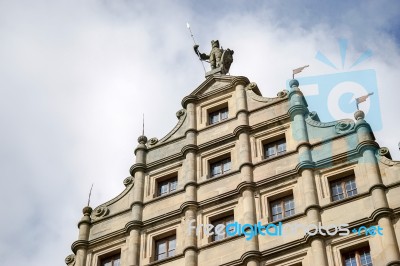 Statue Of A Soldier On Top Of A Building In Rothenburg Stock Photo