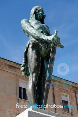 Statue Of An Ancient Warrior In Arzachena Sardinia Stock Photo