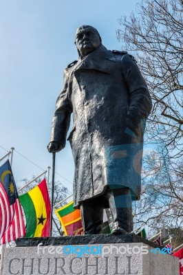 Statue Of Winston Churchill In Parliament Square Stock Photo