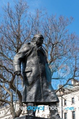 Statue Of Winston Churchill In Parliament Square Stock Photo