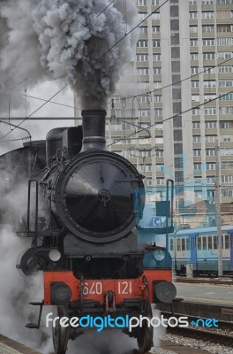 Steam Locomotive Leaving The Station At Rimini Stock Photo