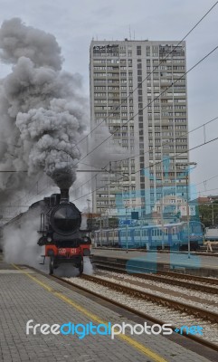Steam Locomotive Leaving The Station Of Rimini Stock Photo