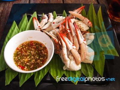 Steamed Blue Crab With Spicy Sauce Stock Photo