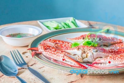 Steamed Crab Dish On A Wooden Table Stock Photo