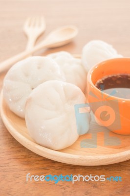 Steamed Dumpling Stuff On Wooden Plate Stock Photo