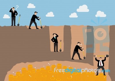 Step Of Businessman Digging A Ground To Find Treasure Stock Image