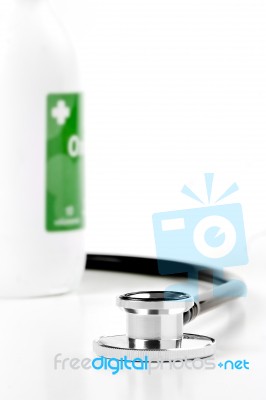 Stethoscope With Water Oxygenated On White Background Stock Photo