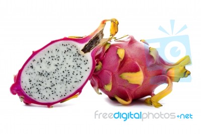 Still Life Of Whole And Sliced Pitahaya Isolated On White Backgr… Stock Photo